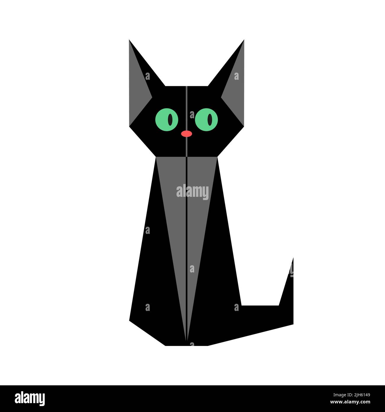 Chat noir avec les yeux verts. Style origami, fond blanc. Chat noir assis. Superstition, malchance, Halloween concept. Chaton avec de grandes oreilles regardant Illustration de Vecteur