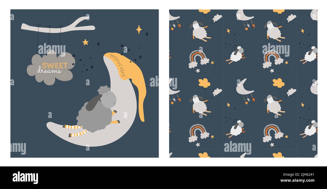 Doux rêves moutons dormant sur lune illustration vectorielle avec nuages et texte sur fond bleu pour les cartes postales et la décoration pour enfants. Bon agneau Illustration de Vecteur