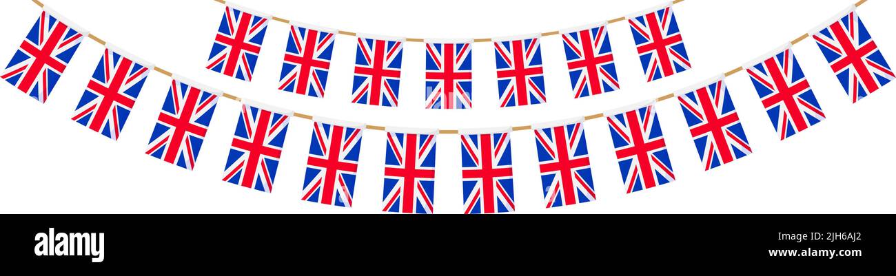 Guirlande drapeau britannique. Union Jack Pennants chaîne. Décoration de soirée britannique. Drapeaux de la Grande-Bretagne pour la célébration. Pied de page et arrière-plan de la bannière. Illustration de Vecteur