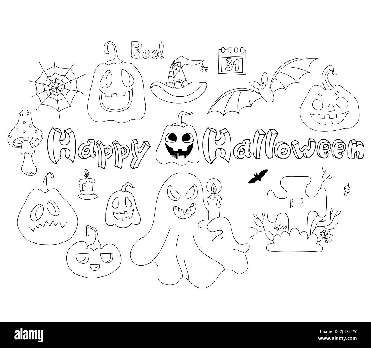 Collection Happy Halloween. Jack de potiron, fantôme, chauve-souris et toile d'araignée, cimetière, tombe et mouche agarique magique dessinés à la main. Vecteur isolé Illustration de Vecteur