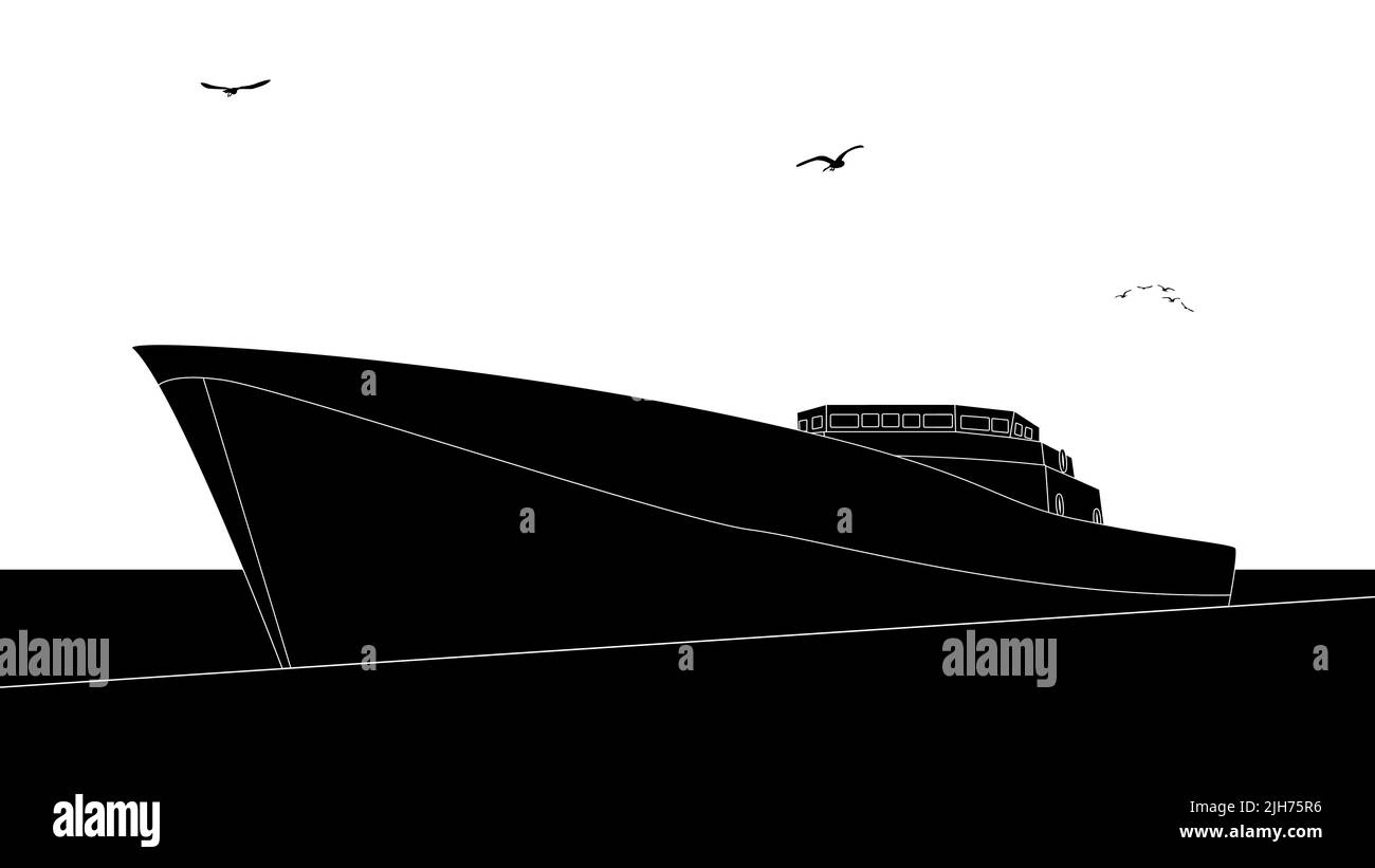 Silhouette Grand cargo sur la jetée avec des mouettes volantes dans le ciel. Illustration vectorielle. Illustration de Vecteur
