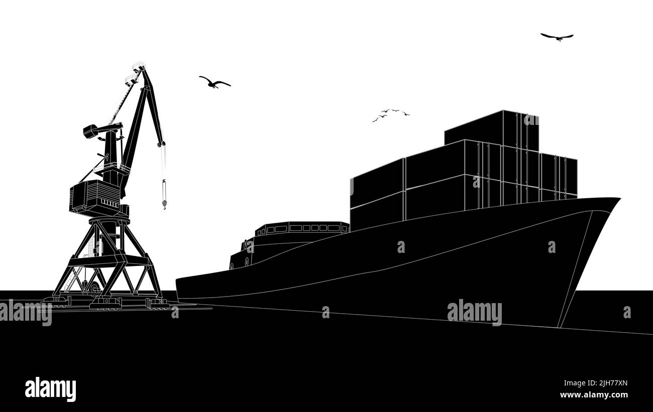Grue de chargement Silhouette et navire-conteneur dans le port. Illustration vectorielle. Illustration de Vecteur