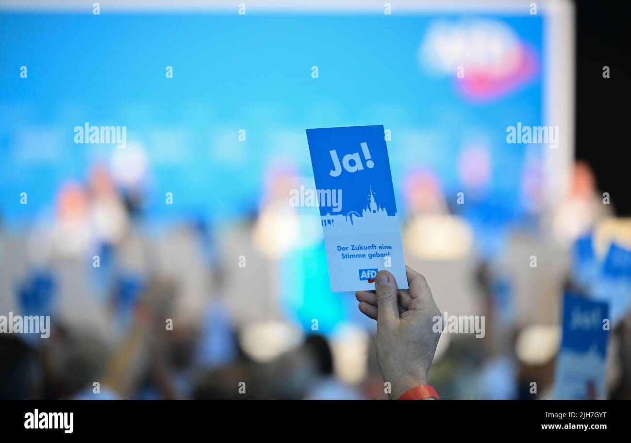 Stuttgart, Allemagne. 16th juillet 2022. Les membres du parti alternative pour l'Allemagne (AfD) votent sur un point de l'ordre du jour avec des cartes de vote dans une salle d'exposition à la conférence du parti AfD Baden-Württemberg. Credit: Bernd Weißbrod/dpa/Alay Live News Banque D'Images