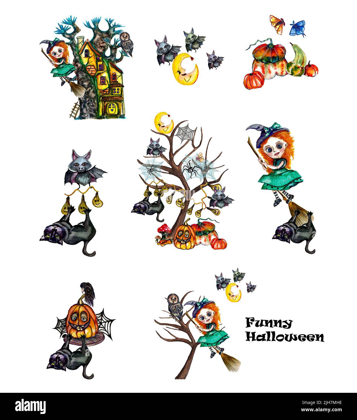 Aquarelle Cute halloween compositions set.Halloween Funny collection avec des illustrations dessinées à la main de sorcière, chat noir, corbeau, hibou, pumkin, araignée, chauve-souris Banque D'Images