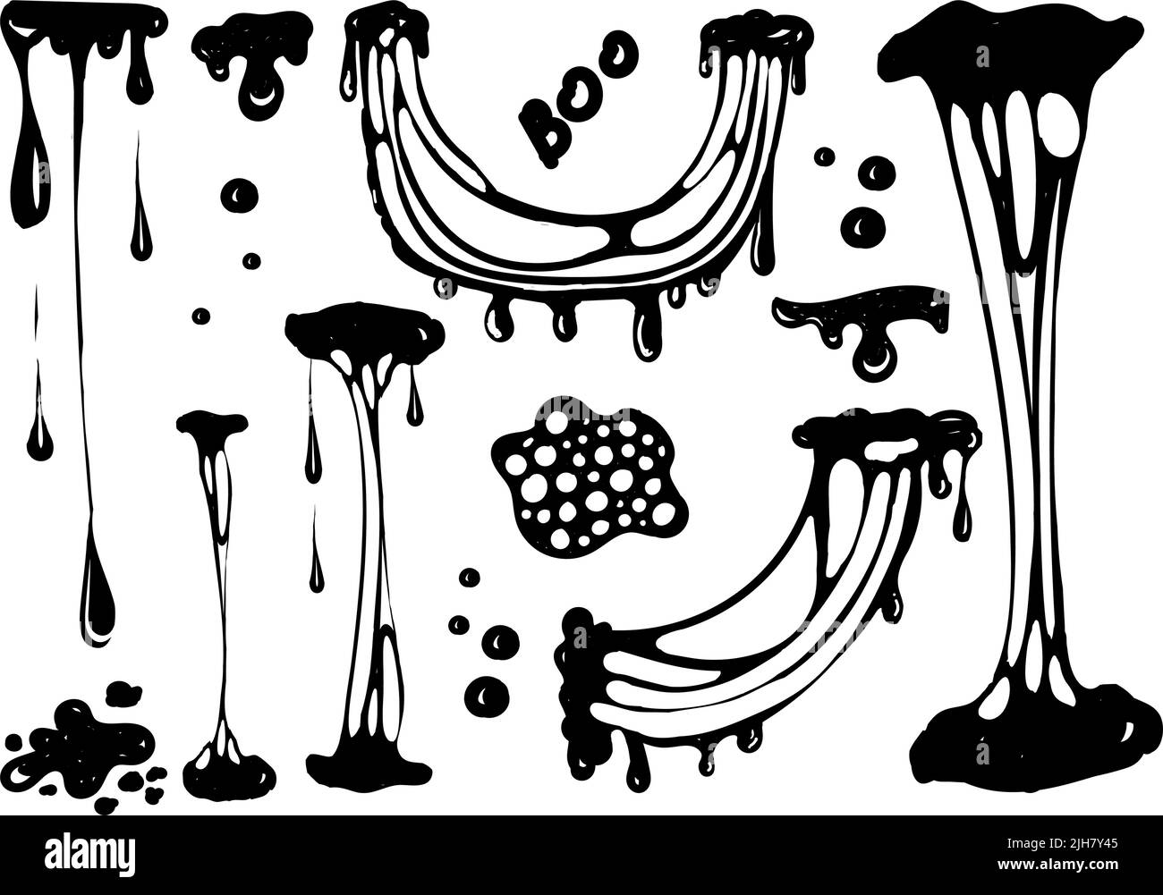 Un ensemble pour travailler avec des blobs. Éléments dessinés de style Doodle. Éclaboussures noires de chaux, de chaux qui s'étire, de chaux qui s'égoutte toxique. Éclaboussures et gouttelettes de chaux Illustration de Vecteur