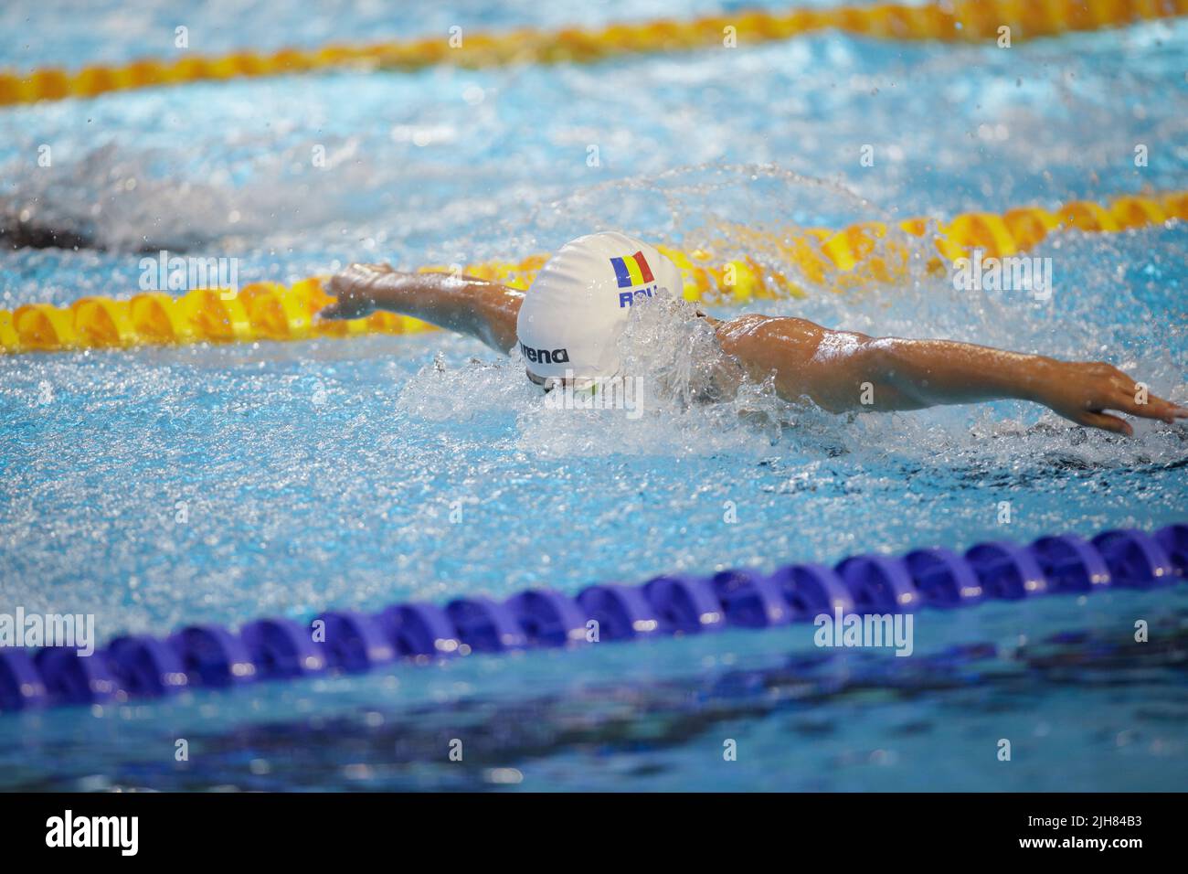 Otopeni, Roumanie - 8 juillet 2022: Détails avec une athlète roumaine professionnelle nage dans un style de papillon de piscine olympique. Banque D'Images