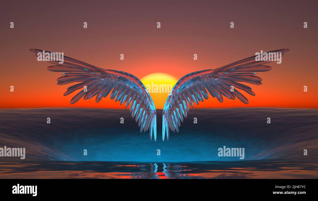 des ailes de verre survolent dans le trou de la mer au coucher du soleil. 3d rendu Banque D'Images