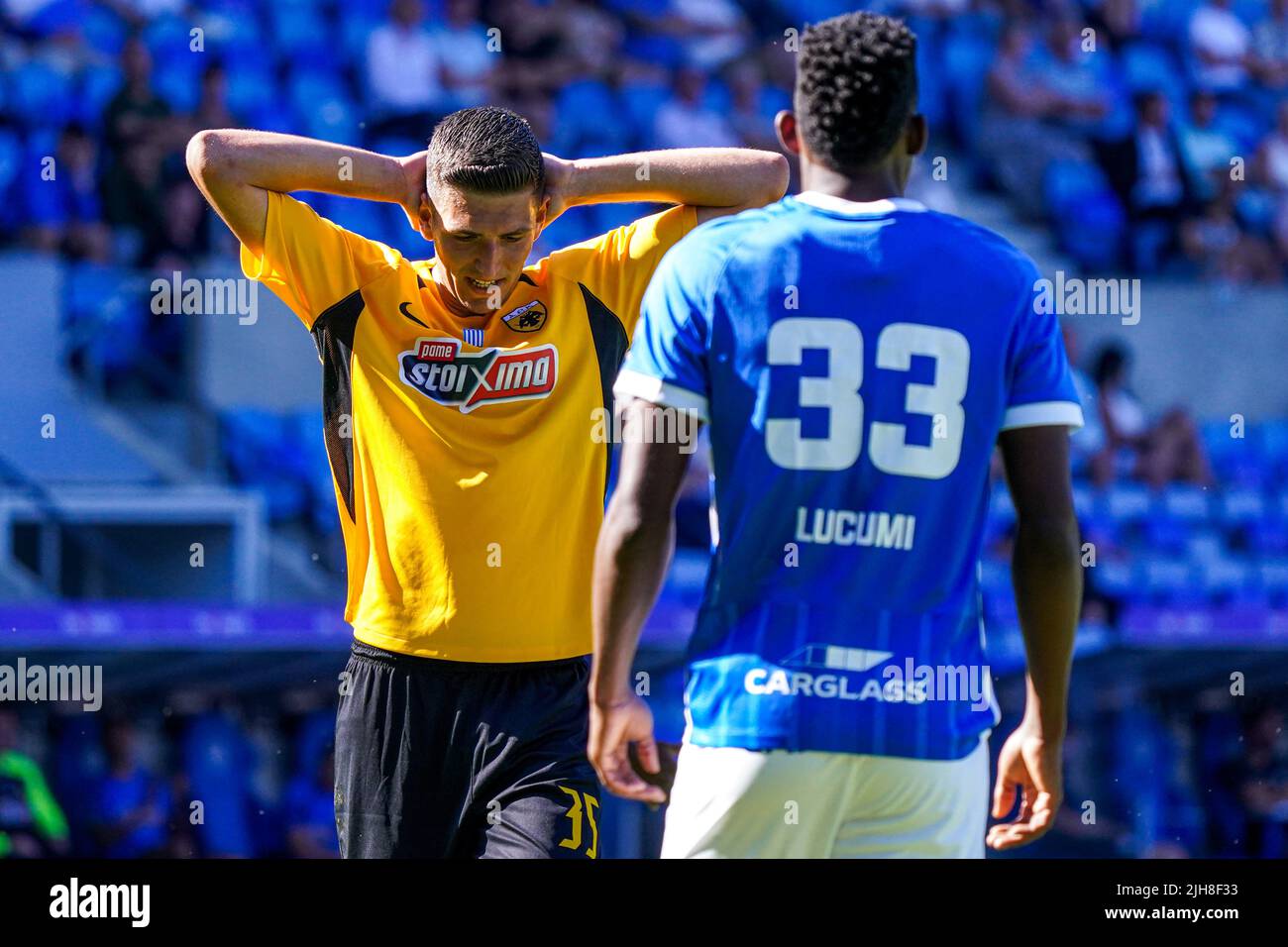 GENK, BELGIQUE - JUILLET 16 : Michalis Kosidis de AEK Athene lors du match amical entre KRC Genk et AEK Athene à l'arène Cegeka sur 16 juillet 2022 à Genk, Belgique (photo de Jeroen Meuwsen/Orange Pictures) Banque D'Images