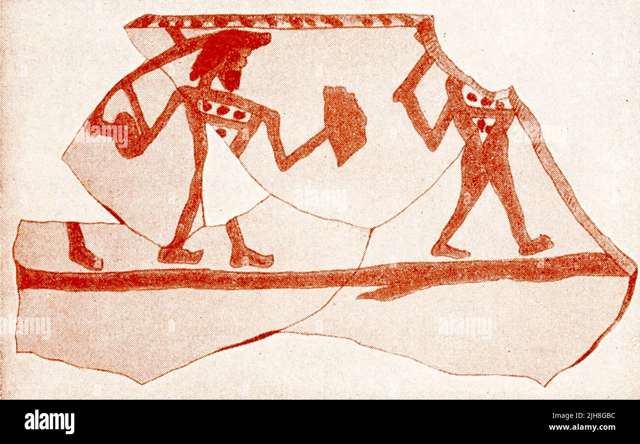 Cette image de 1910 montre un potsherd peint de Palestine — tel Megiddo, le site de l'ancienne ville de Megiddo, dont les restes forment un telet, situé dans le nord d'Israël près de Kibbutz Megiddo au sud-est de Haïfa. Megiddo est connu pour son importance historique, géographique et théologique, en particulier sous son nom grec Armageddon. Le site a été abandonné en 350 C.-B. Banque D'Images