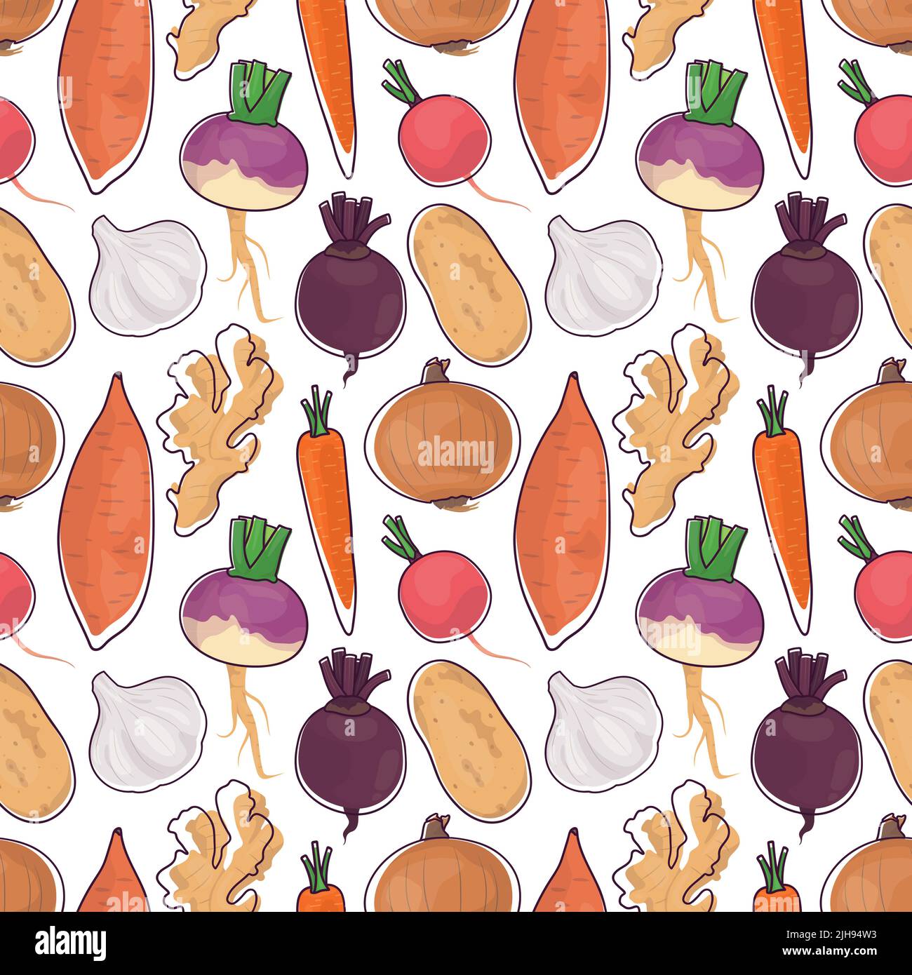 Fond de motif vectoriel sans couture des légumes racines fait d'illustrations simples. Illustration de Vecteur