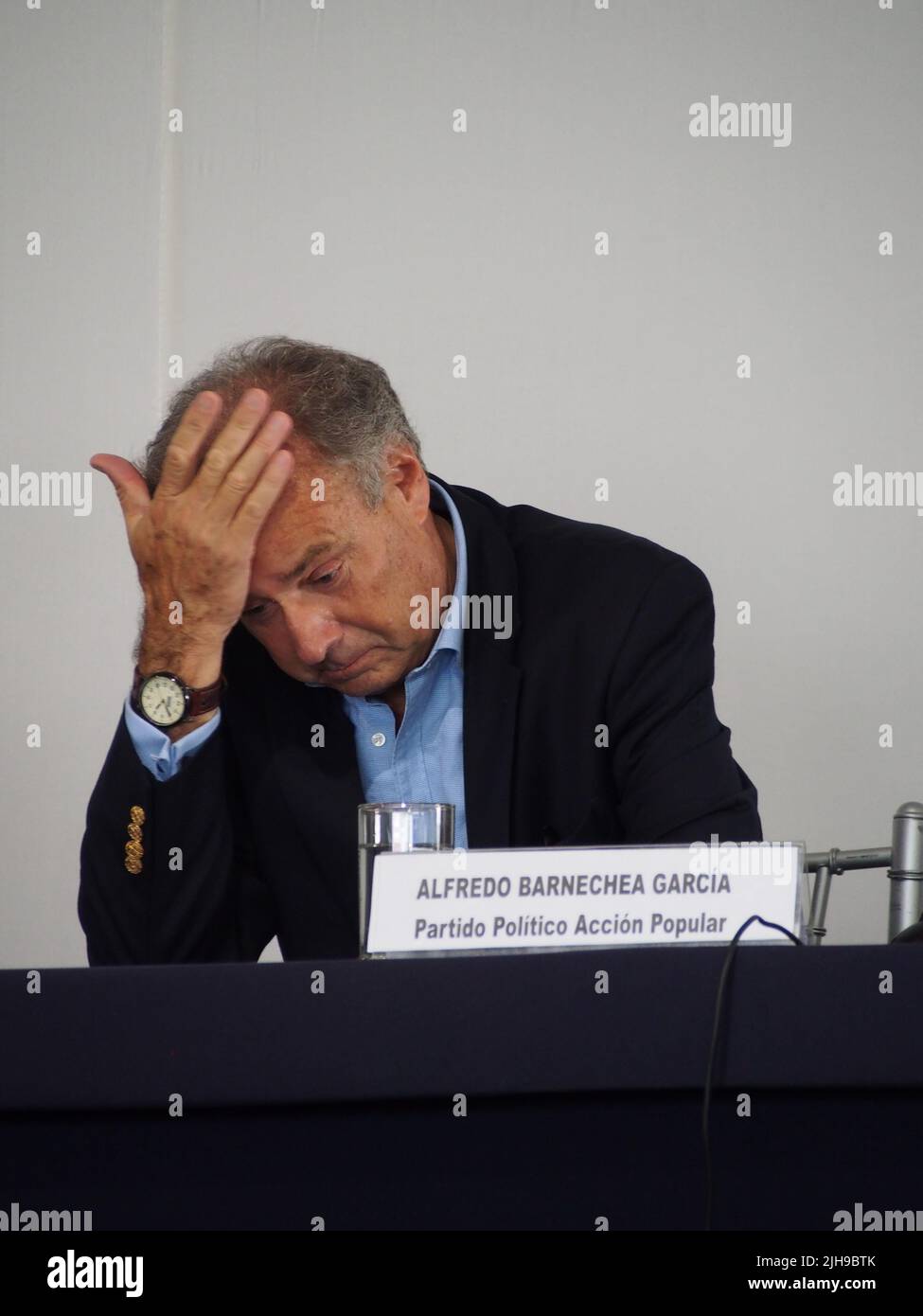 Alfredo, Barnechea, candidat à la présidence, lors d'une conférence de presse dans le bâtiment des Nations Unies à Lima Banque D'Images