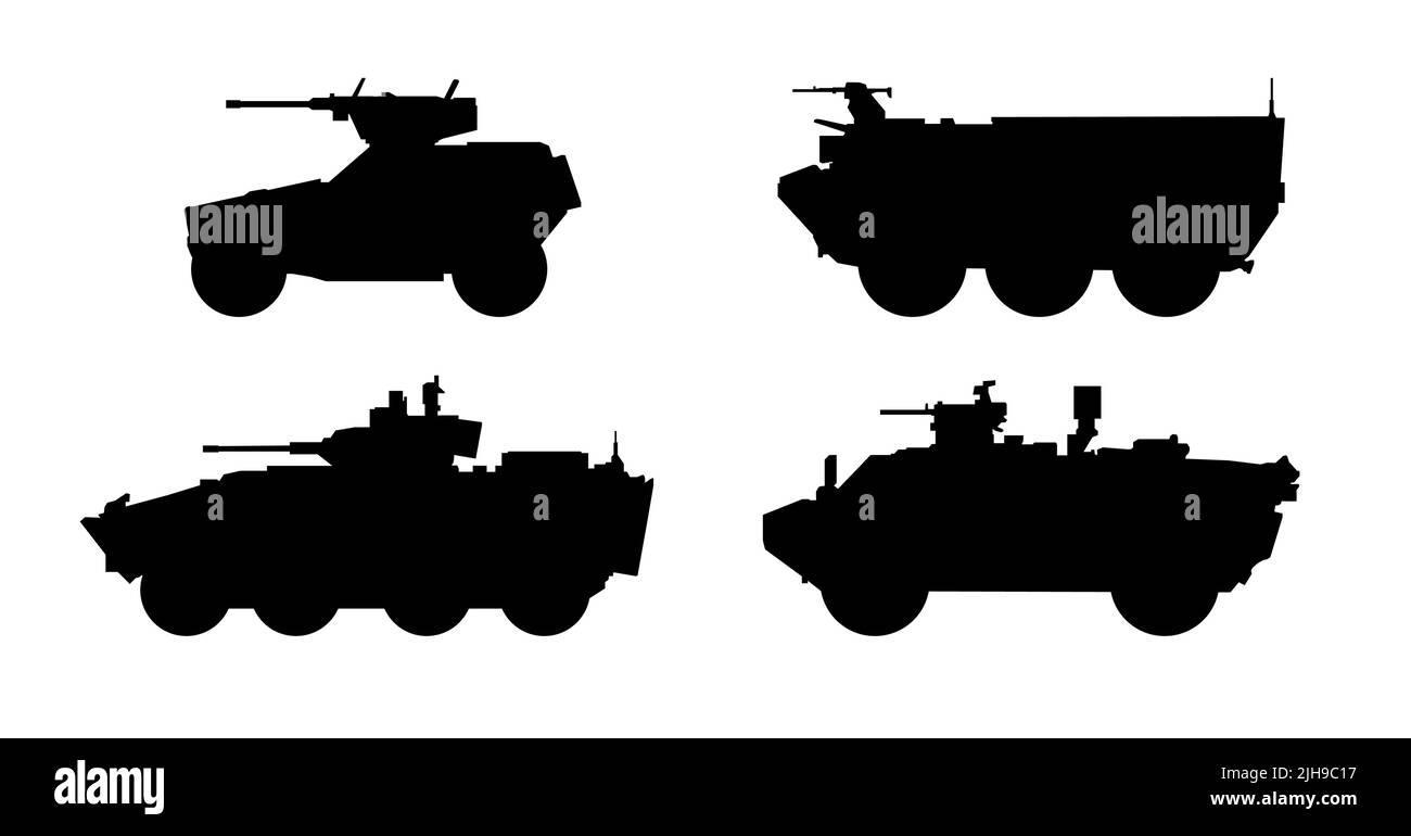 Ensemble de silhouettes de véhicules de combat d'infanterie. Icône noire de vecteur de machine militaire de combat sur fond blanc, transport militaire moderne. Illustration de Vecteur