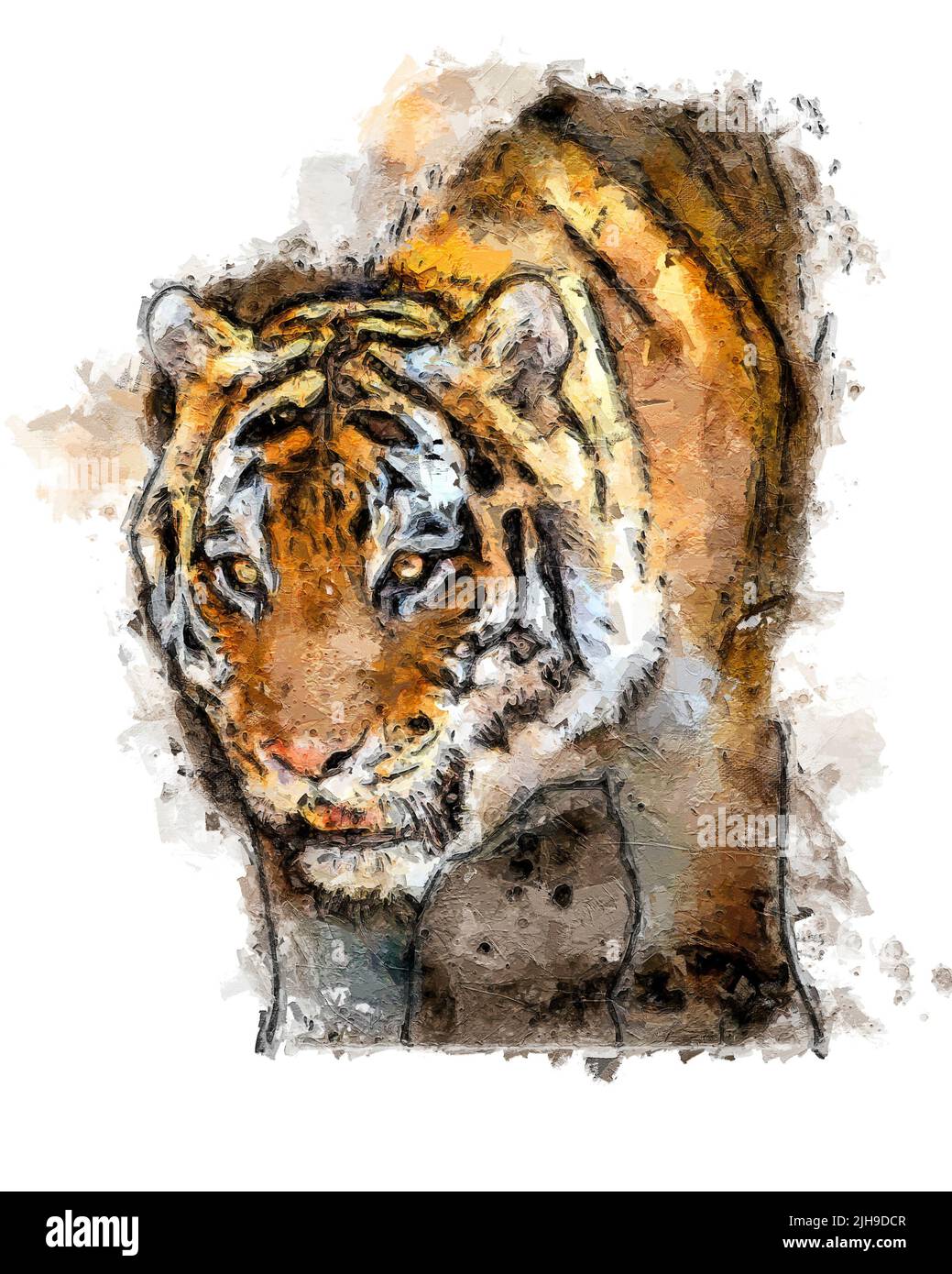 Peinture numérique abstraite d'un tigre marchant Banque D'Images
