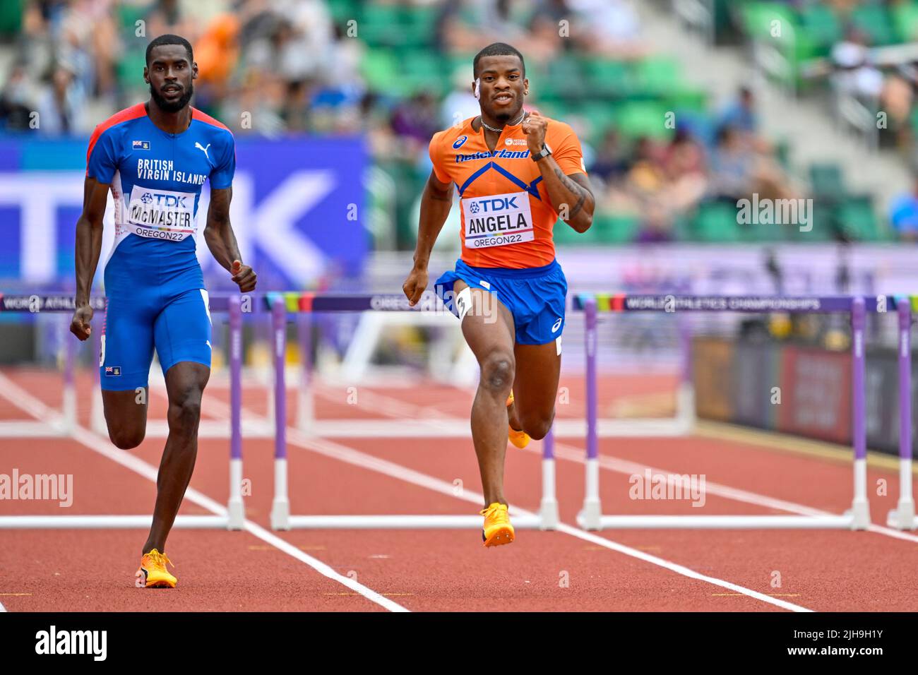 EUGENE, ÉTATS-UNIS - JUILLET 16 : Ramsey Angela des pays-Bas en compétition sur les haies de 400 mètres des hommes lors des Championnats du monde d'athlétisme sur 16 juillet 2022 à Eugene, États-Unis (photo d'Andy Astfalck/BSR Agency) Atletiekunie Banque D'Images