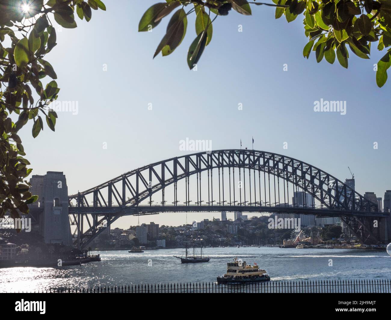 Le pont du port de Sydney et un ferry pour le port depuis Tarpeian Way près de Bennelong point. Banque D'Images