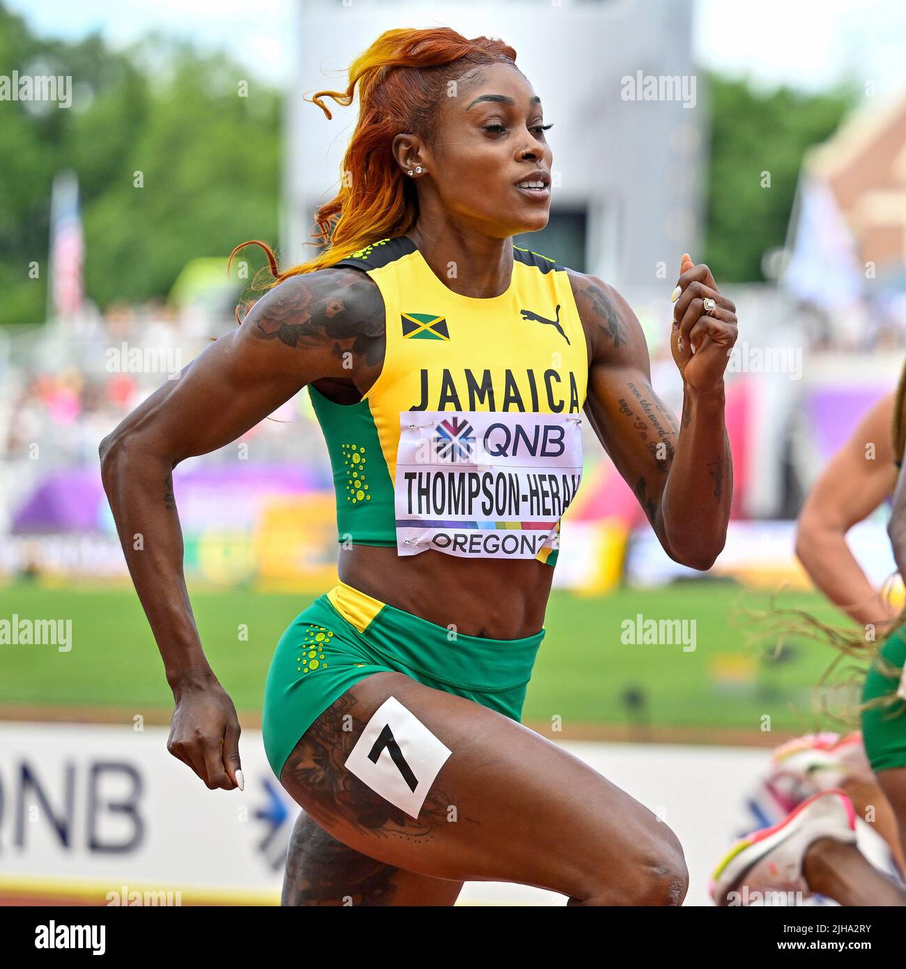EUGENE, ÉTATS-UNIS - JUILLET 16: Elaine Thompson-Herah de Jamaïque en compétition sur les 100 mètres féminins pendant les Championnats du monde d'athlétisme sur 16 juillet 2022 à Eugene, États-Unis (photo par Andy Astfalck/BSR Agency) Atletiekunie Banque D'Images