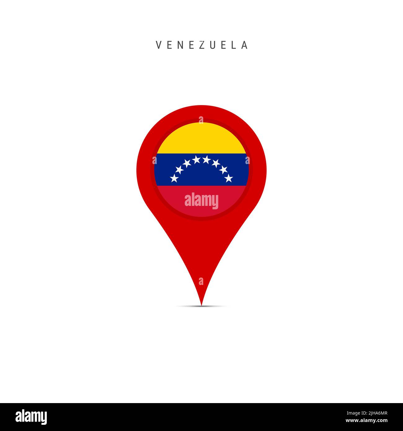 Marqueur cartographique en forme de goutte avec drapeau du Venezuela. Drapeau vénézuélien inséré dans la broche de la carte de localisation. Illustration plate isolée sur fond blanc. Banque D'Images