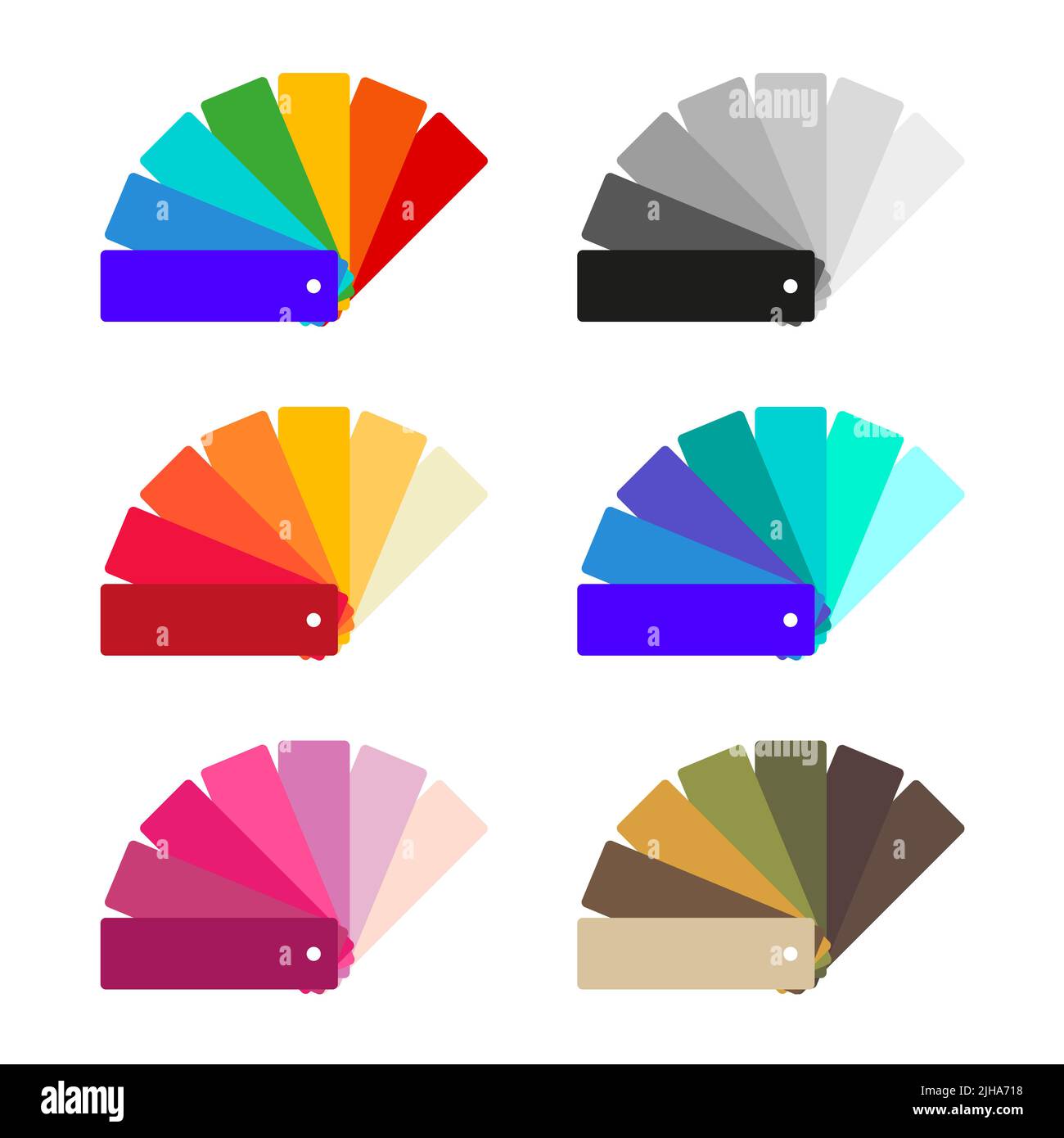 Six ventilateurs de couleurs différentes. Illustration plate isolée sur fond blanc. Banque D'Images