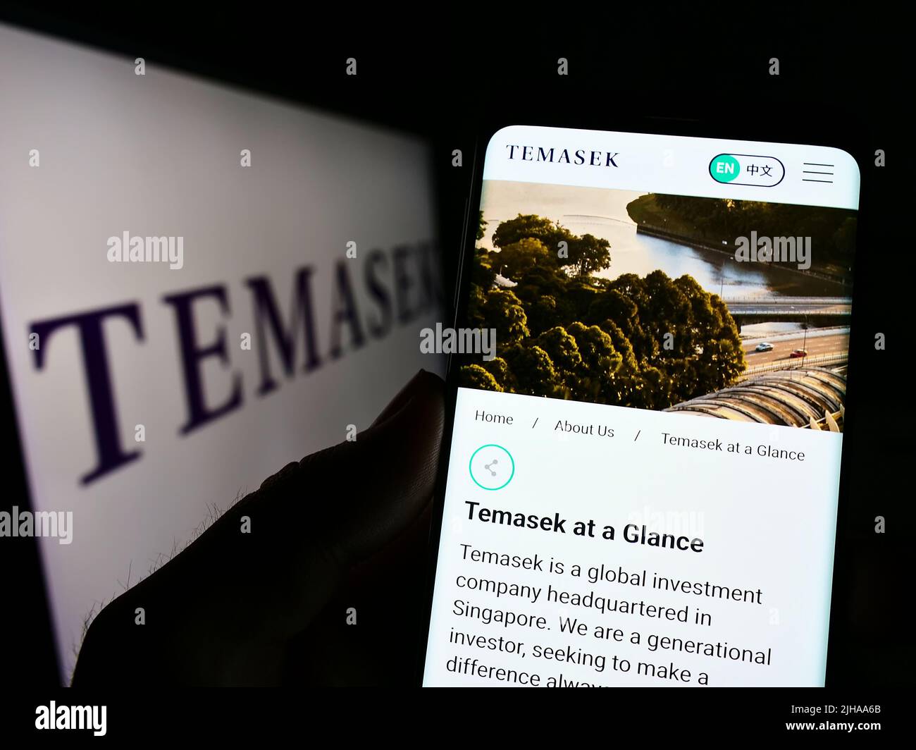 Personne tenant un téléphone cellulaire avec le site Web de la société Temasek Holdings Private Limited à l'écran devant le logo. Concentrez-vous sur le centre de l'écran du téléphone. Banque D'Images