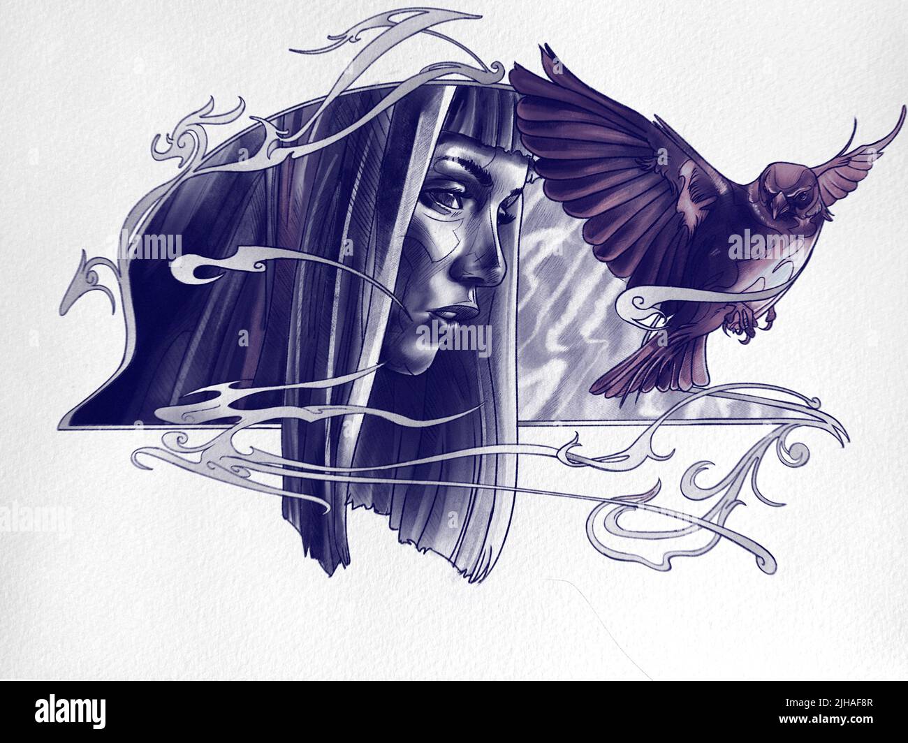 Fugace Flow, Art nouveau Tattoo Art Neo Traditional Digital Poster. Design de dessin contemporain illustré. Banque D'Images