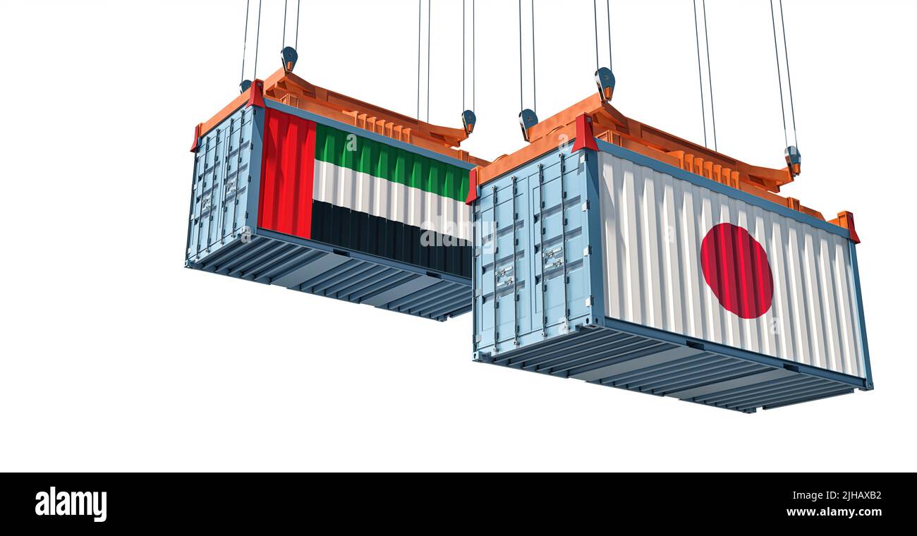 Conteneurs de marchandises avec drapeaux nationaux du Japon et des Émirats arabes Unis. 3D rendu Banque D'Images