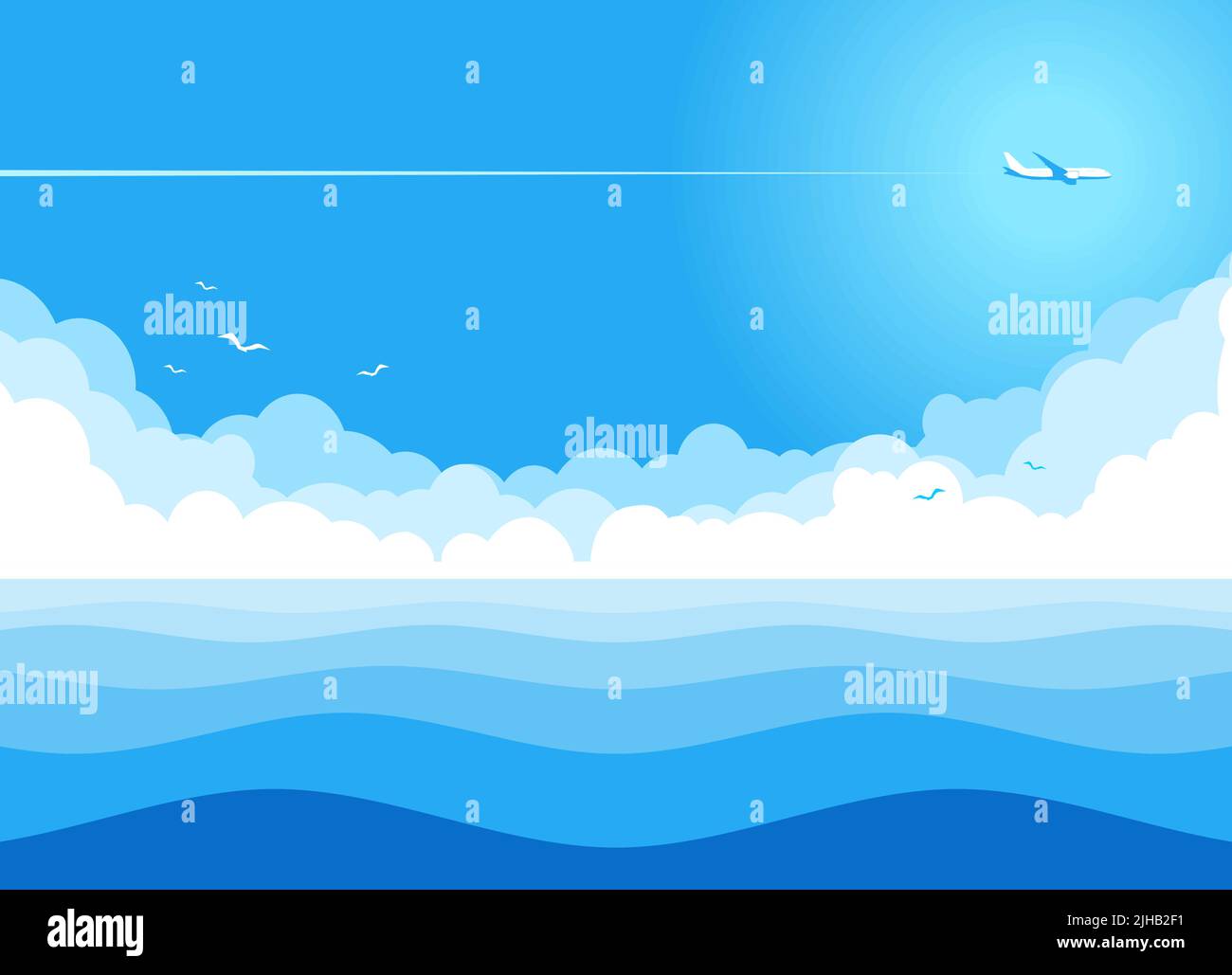 Avion volant dans un ciel bleu avec des nuages au-dessus de la mer bleue. Avion blanc sur l'océan bleu. Illustration, fond vectoriel Illustration de Vecteur