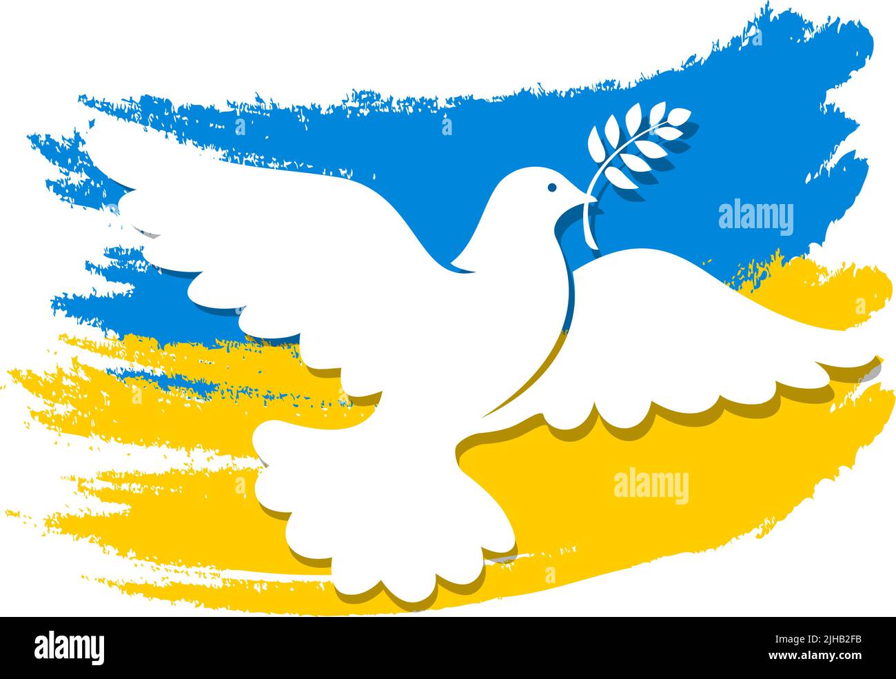 Volant blanc colombe avec une branche d'olive dans son bec contre le fond du drapeau bleu-jaune de l'Ukraine. Symbole de paix, modèle de vecteur anti-guerre Illustration de Vecteur