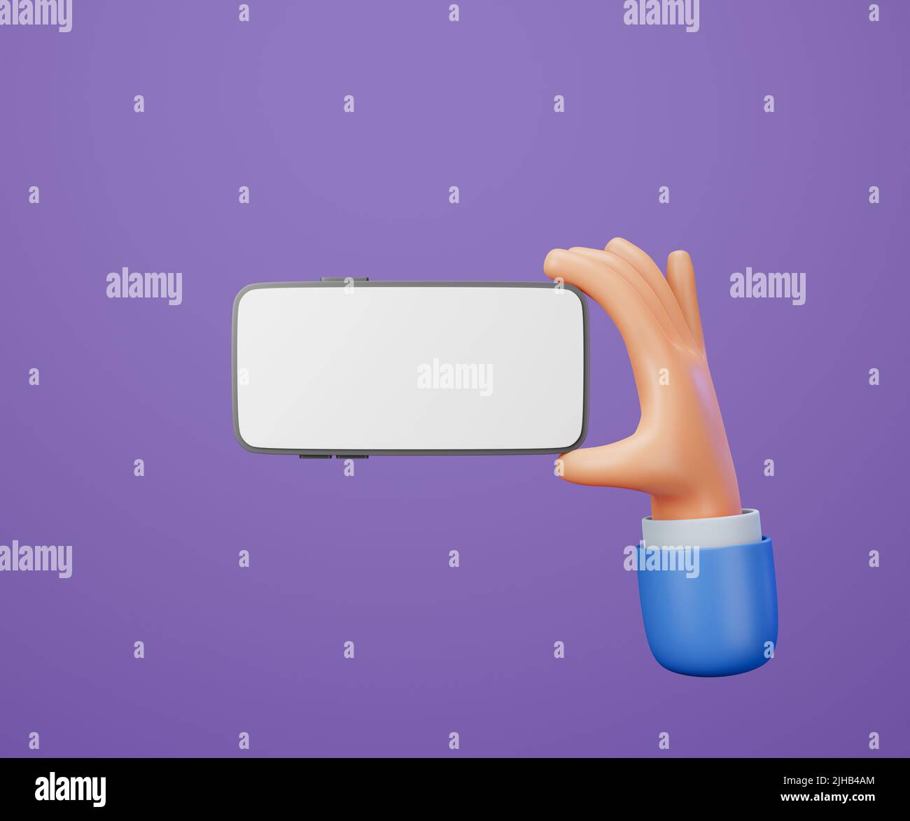 3D dessin main tenant le smartphone isolé sur fond violet, main utilisant la maquette de téléphone mobile. 3d illustration Banque D'Images