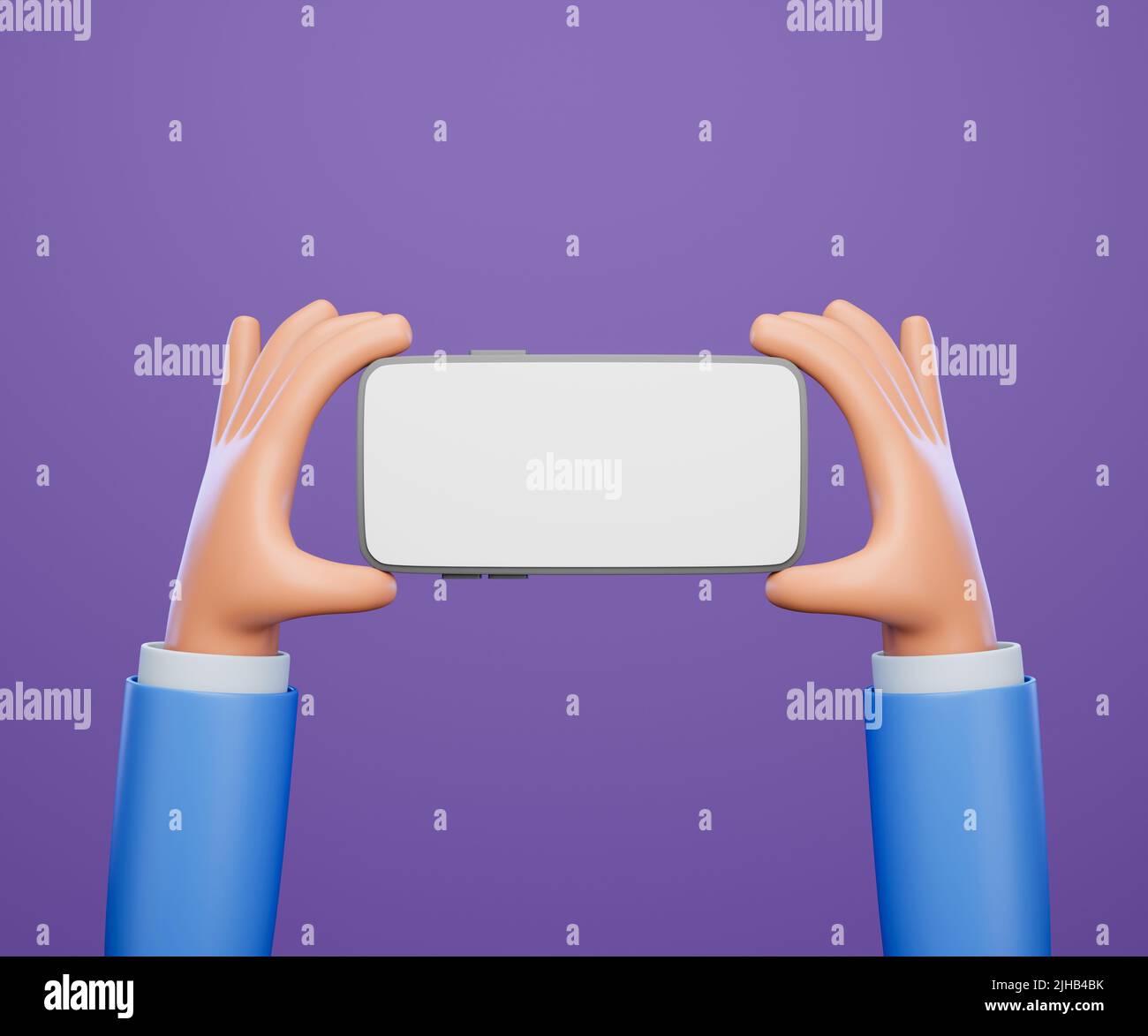 3D dessin main tenant le smartphone isolé sur fond violet, main utilisant la maquette de téléphone mobile. 3d illustration Banque D'Images
