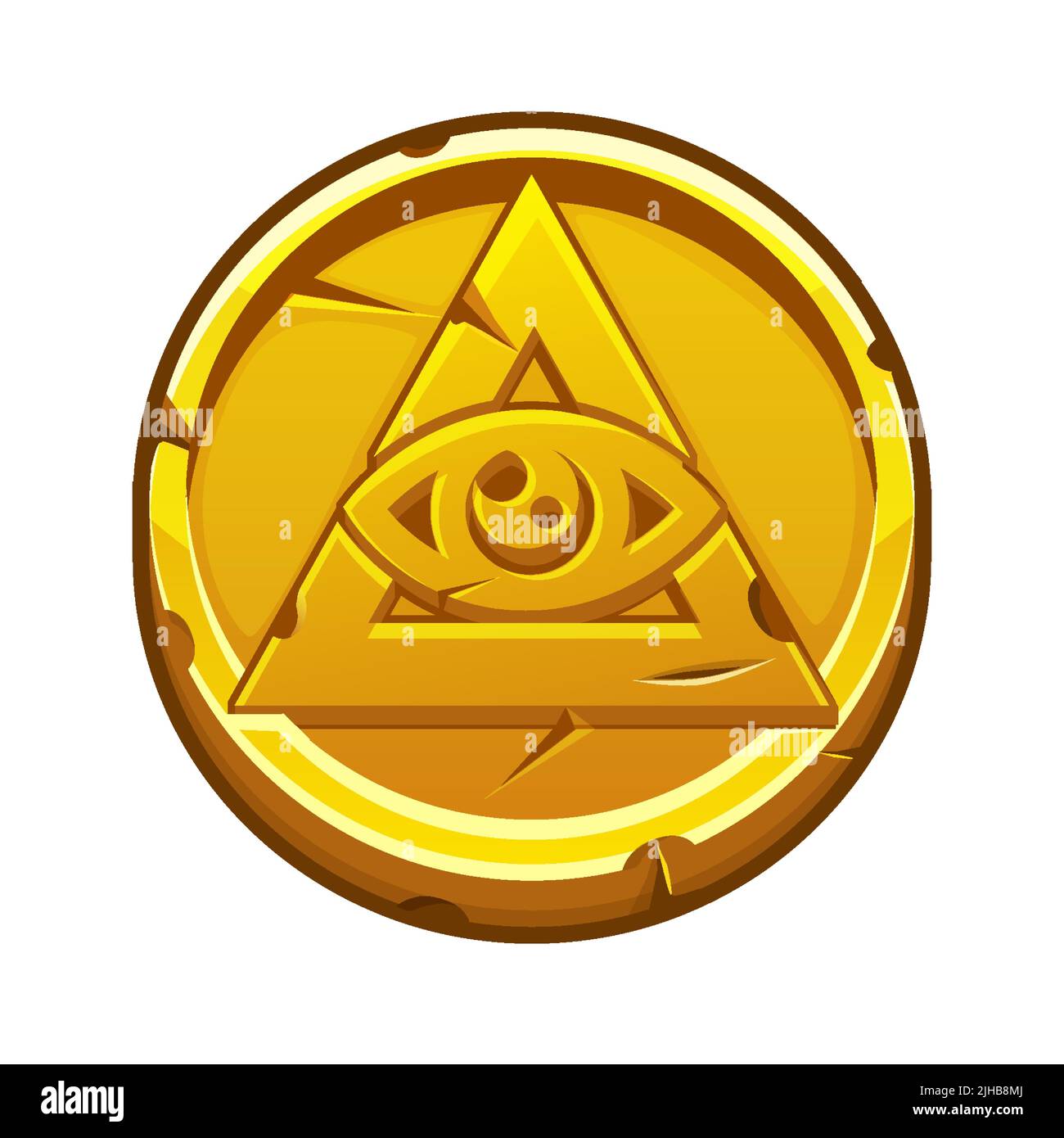 Pièce de monnaie dorée avec un œil tout-en-un. Pyramide d'or et œil tout-voyant, symbole maçonnique de franc-maçonnerie Illustration de Vecteur