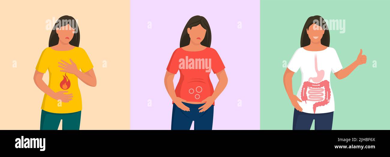 Femme avec gastrite, ventre ballbé et système digestif sain Illustration de Vecteur