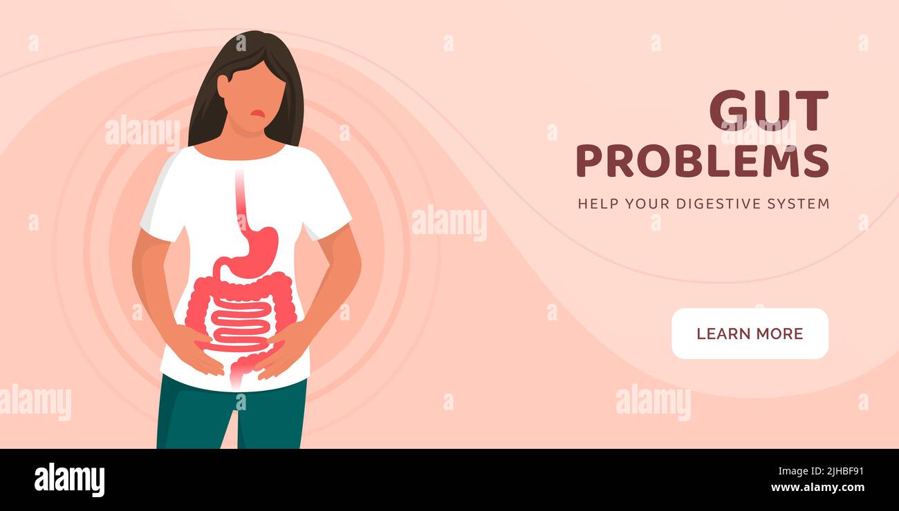 Triste femme douloureuse avec une maladie inflammatoire de l'intestin: Problèmes intestinaux et la bannière constipation Illustration de Vecteur
