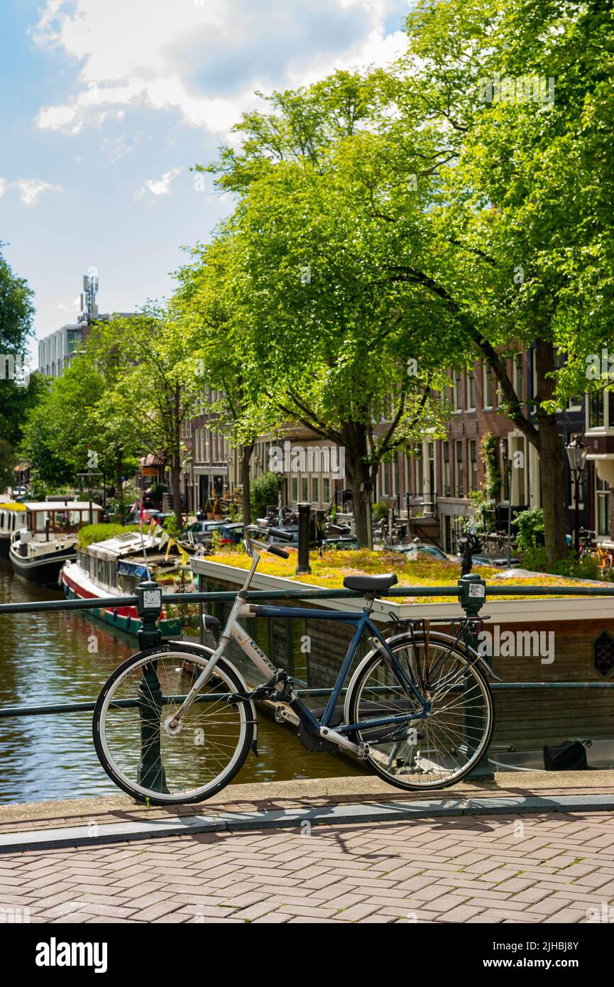 Vélo sur un pont donnant sur un canal d'Amsterdam avec une péniche écologique dotée d'un toit en herbe Banque D'Images