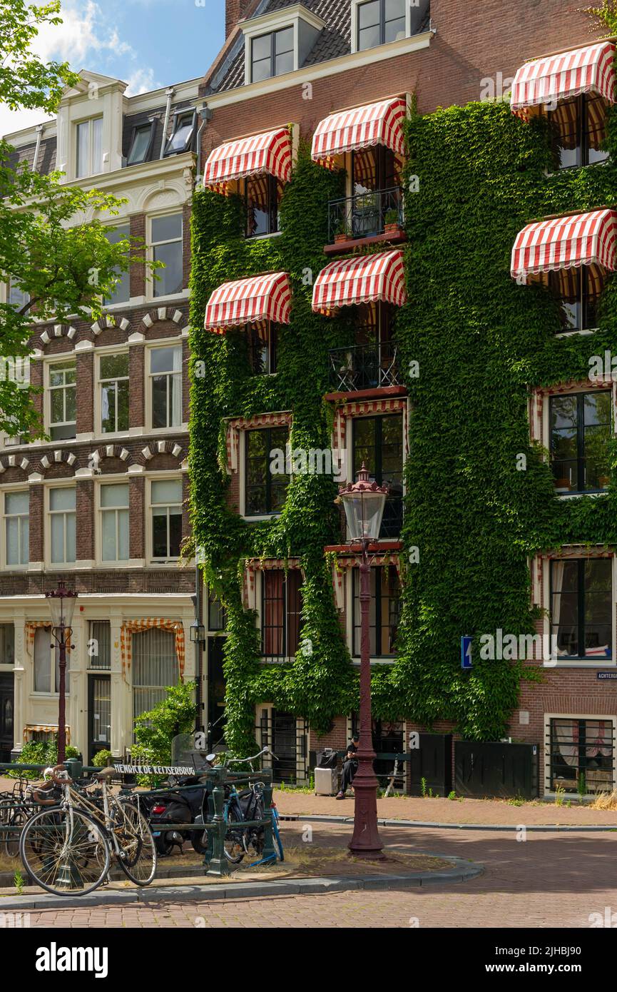 Rue typique d'Amsterdam au bord du canal par une journée ensoleillée Banque D'Images