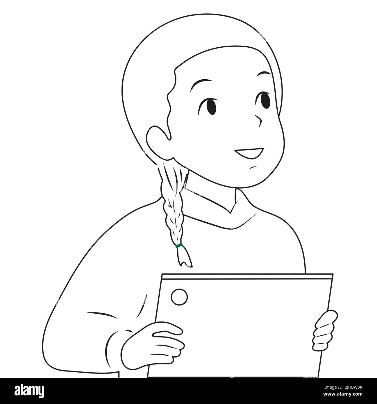 Une écolière noire et blanche est engagée sur la tablette. Illustration vectorielle plate. Illustration de Vecteur