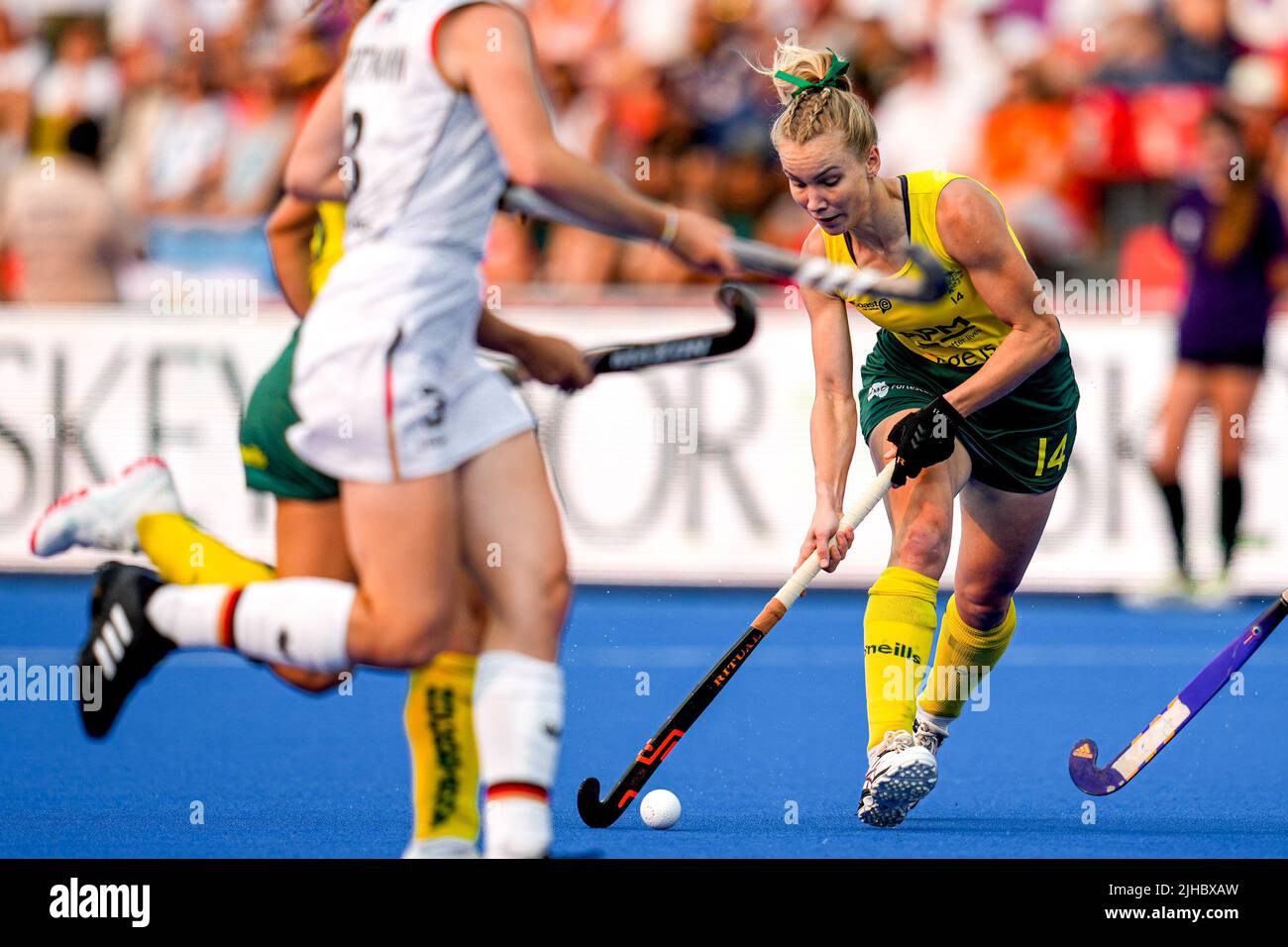 TERRASSA, ESPAGNE - JUILLET 17 : Stephanie Kershaw d'Australie pendant la coupe du monde des femmes de hockey FIH 2022 3rd - 4th place match entre l'Australie et l'Allemagne à l'Estadi Olímpic de Terrassa sur 17 juillet 2022 à Terrassa, Espagne (photo de Patrick Goosen/Orange Pictures) Banque D'Images