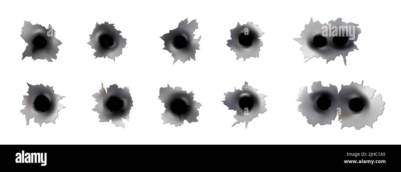 Trous de balle de pistolet ou de pistolet. Photographiez en métal à trou simple ou double. Dommages et fissures sur la surface. Vecteur isolé en arrière-plan Illustration de Vecteur