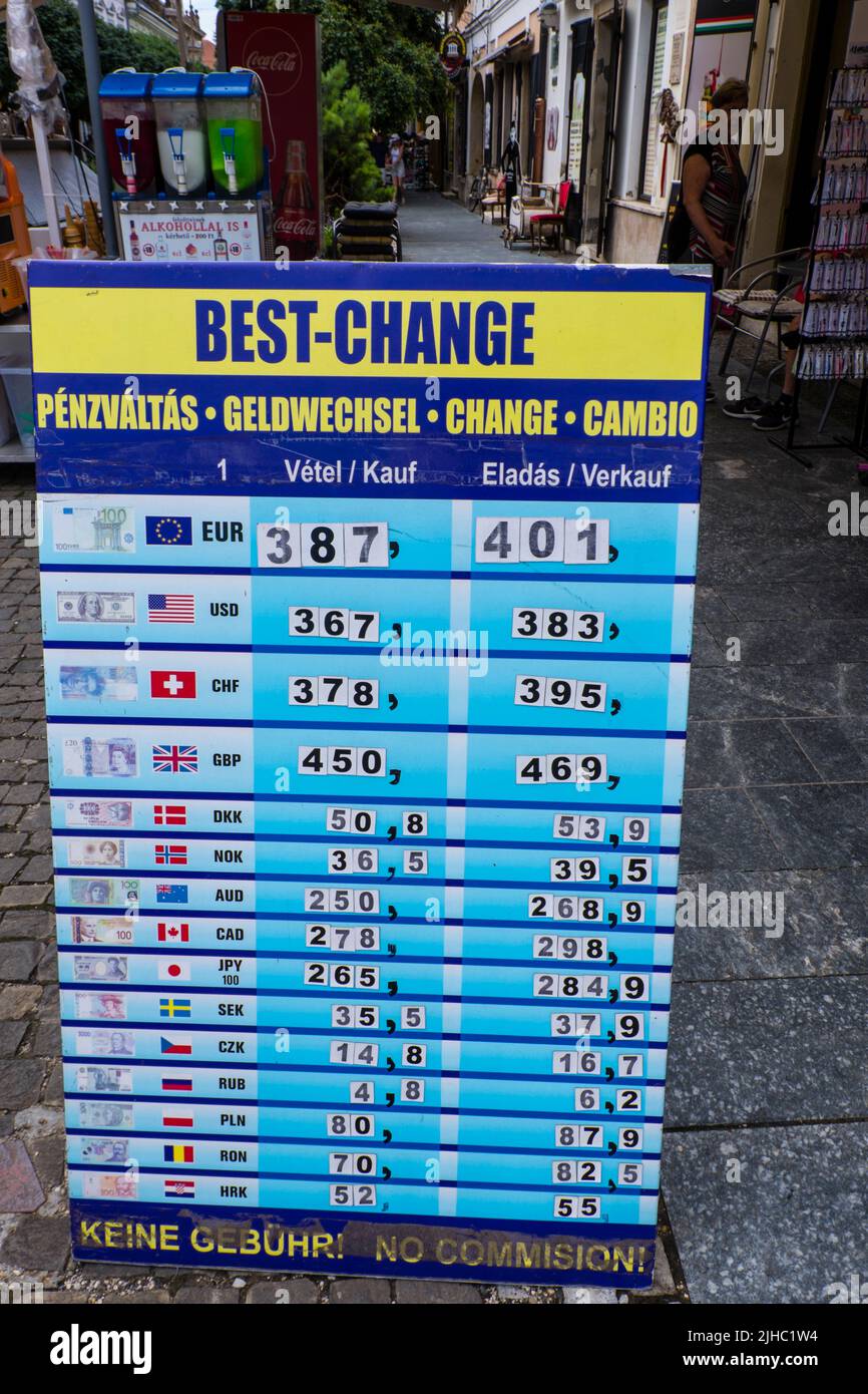 Panneau de change, Kossuth Lajos utja, rue piétonne principale, Keszthely, Hongrie Banque D'Images