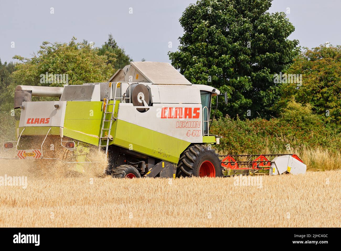 Moissonneuse-batteuse Claas Lexion 440, récolte d'orge à Leeds, West Yorkshire Banque D'Images