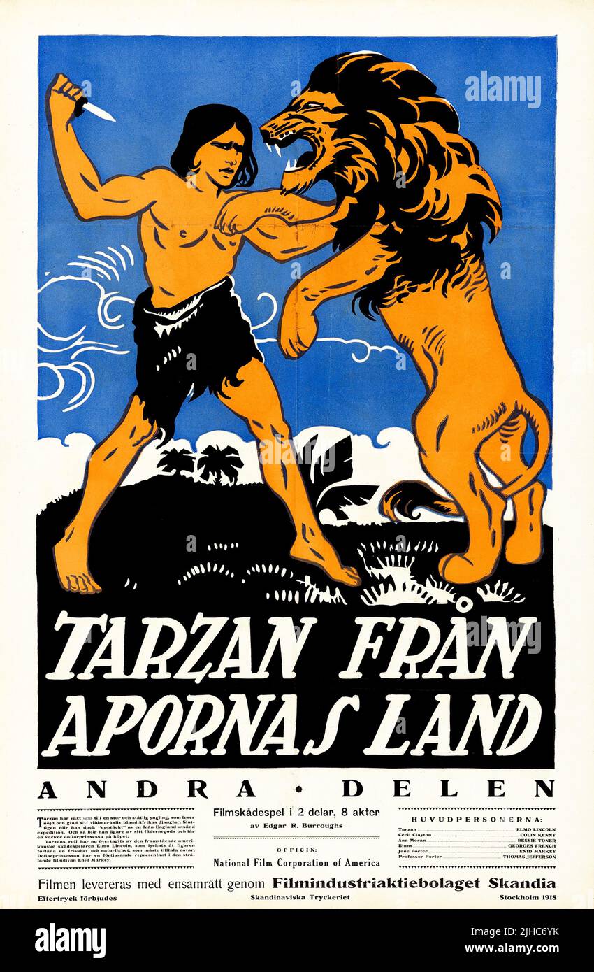 Tarzan des singes (film national, 1918). Poster de film suédois Tarzan fran Apornas Land partie 2 Banque D'Images