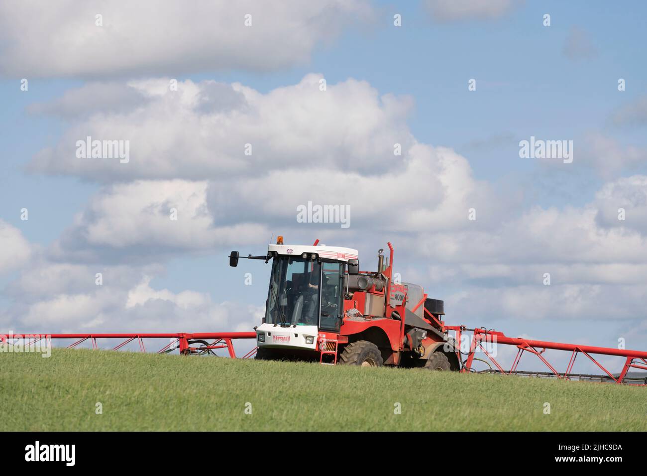 Un pulvérisateur automoteur Bateman 4000 en action sur une matinée ensoleillée en été dans un champ d'orge Banque D'Images