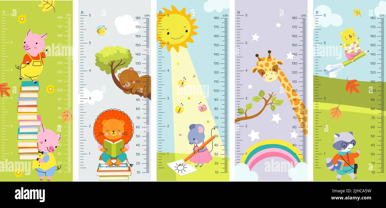 Tableau de hauteur mur enfants mètre règles. Collection d'autocollants de dessin animé pour la chambre de bébé. Mesures de la hauteur des enfants avec girafe, arc-en-ciel. Jardin d'enfants à Nowaday Illustration de Vecteur