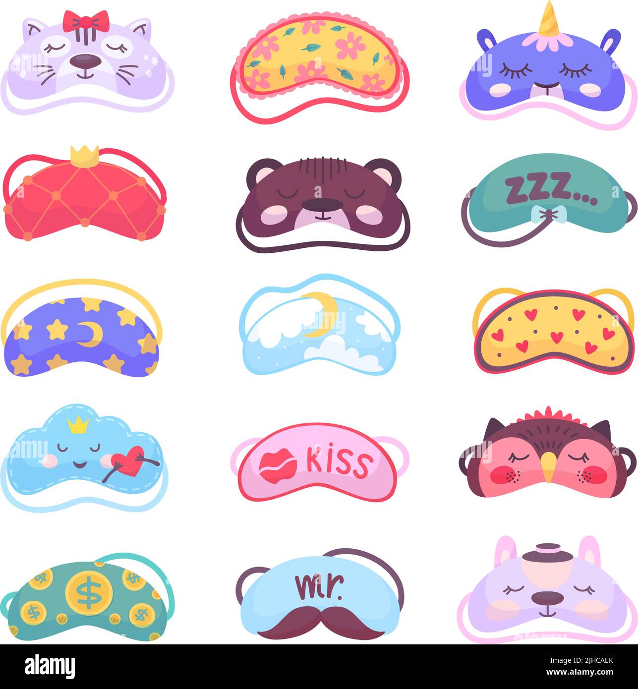 Masque de sommeil oculaire. Accessoires décontractés pour les yeux, éléments pour le coucher. Masques de voyage avec des personnages de chat, d'ours, de nuage. Nuit sommeil bandeau, vecteur néotérique Illustration de Vecteur