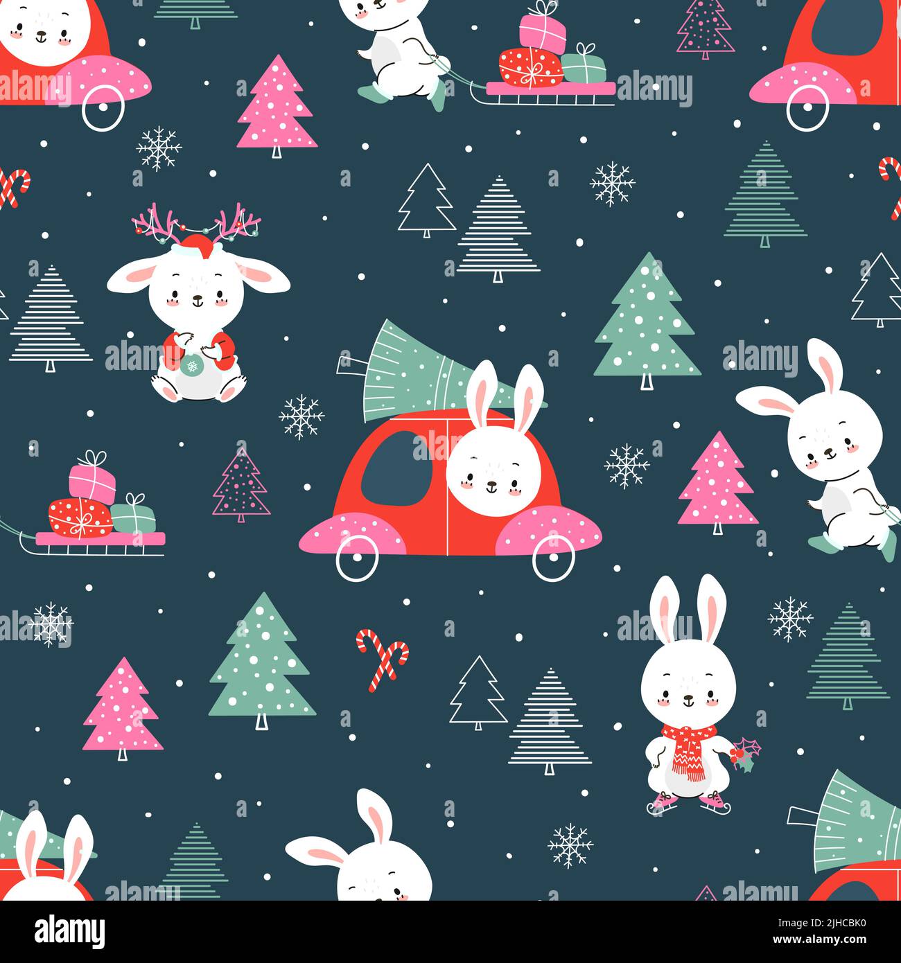 Motif de lapin de Noël sans coutures. Imprimé lapins neige d'hiver, Noël bébé texture textile. Des lapins adorables avec un arbre de noël et des cadeaux Illustration de Vecteur