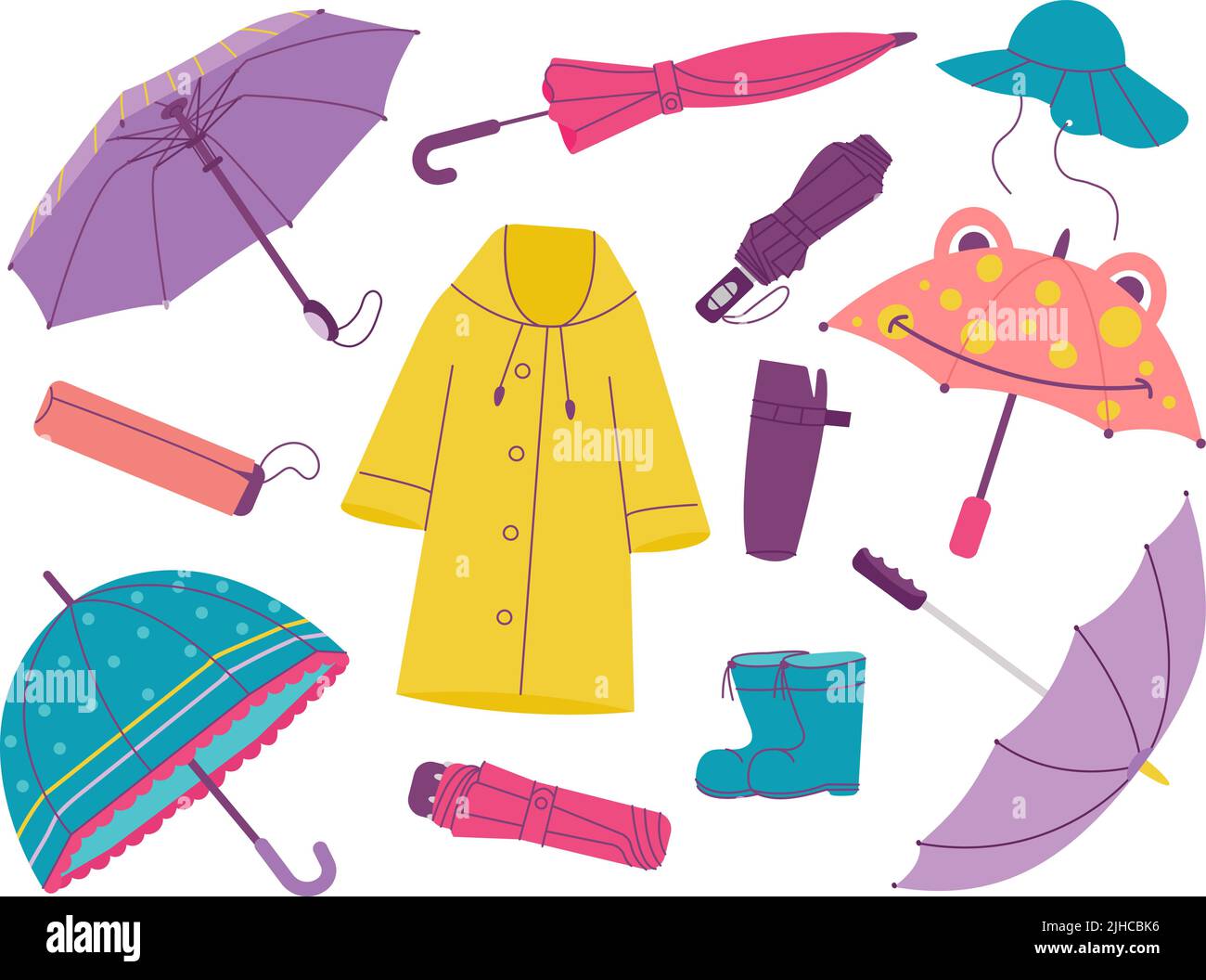 Accessoires d'automne, parapluie et imperméable, bottes d'automne. Parasol de style minimaliste, parasols ouverts et fermés créatifs. Protection saisonnière isolée Illustration de Vecteur