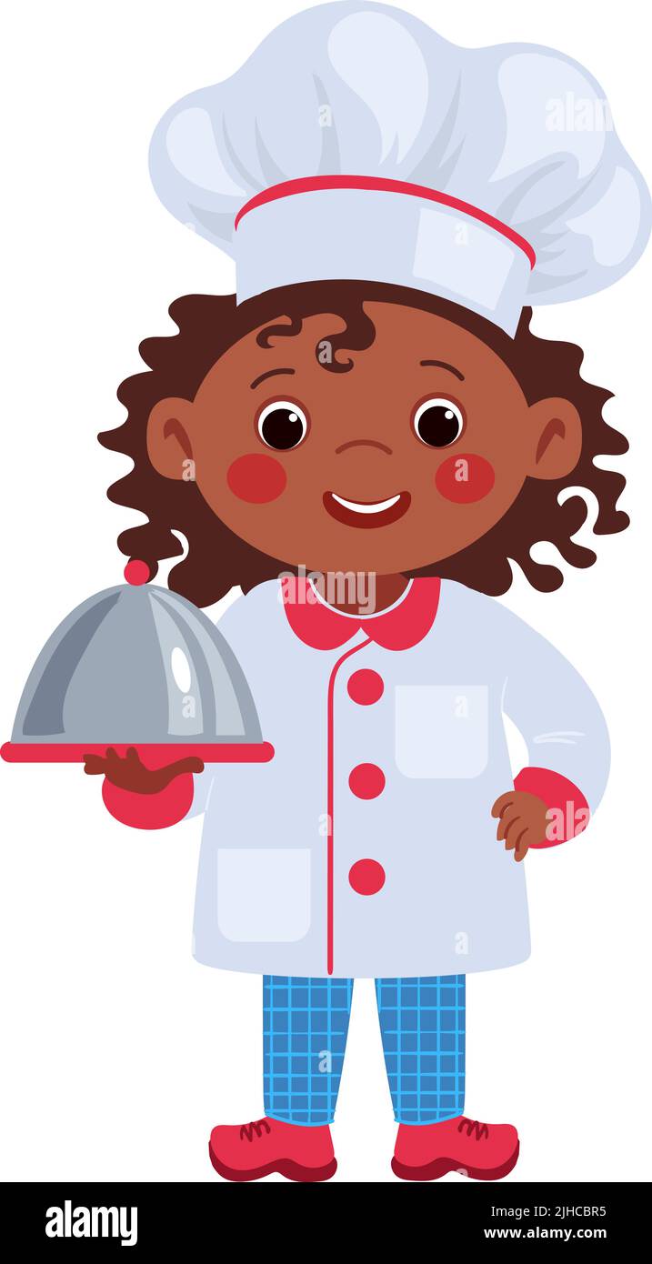 Petite fille de dessin animé avec assiette de service. Personnage de chef enfant Illustration de Vecteur