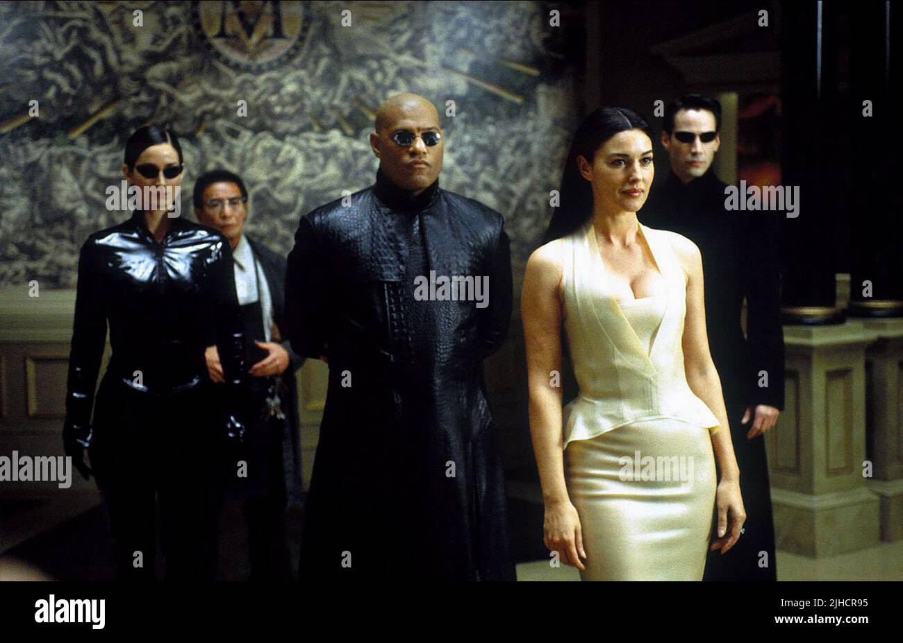 CARRIE-ANNE MOSS,RANDALL DUK-KIM, Laurence Fishburne, Monica Bellucci, Keanu Reeves, The Matrix Reloaded, 2003 Banque D'Images