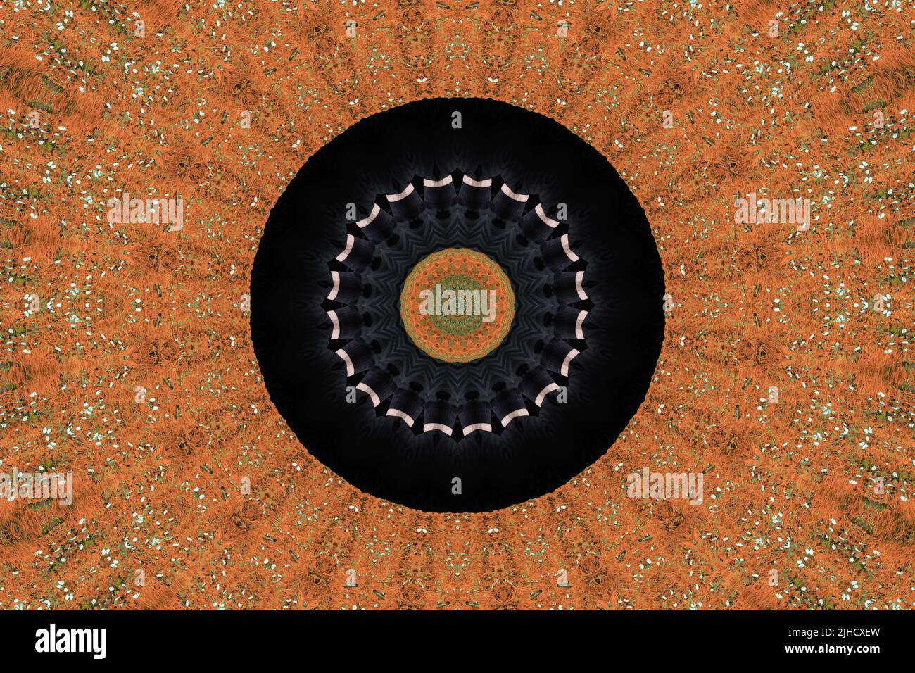 Texture à motifs orange avec un disque en vinyle noir au centre; illusion psychédélique de la circularité kaléidoscopique oscillant par textulisation. Banque D'Images