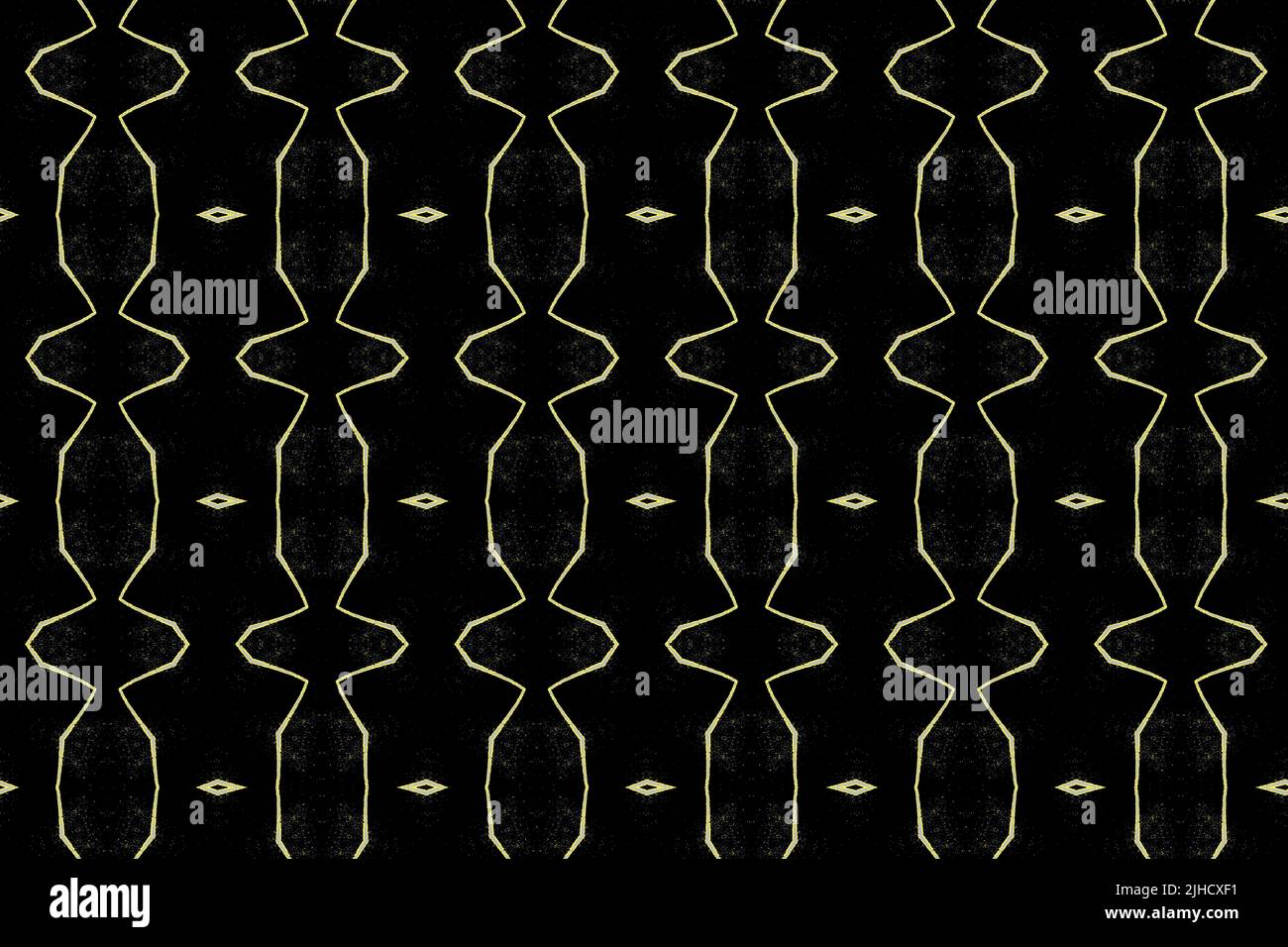 Ligne jaune ondulée sur une surface noire; lignes fragmentées avec des éclaboussures jaunes et des formes en losange sur le papier peint et le fond du ciel de nuit. Banque D'Images
