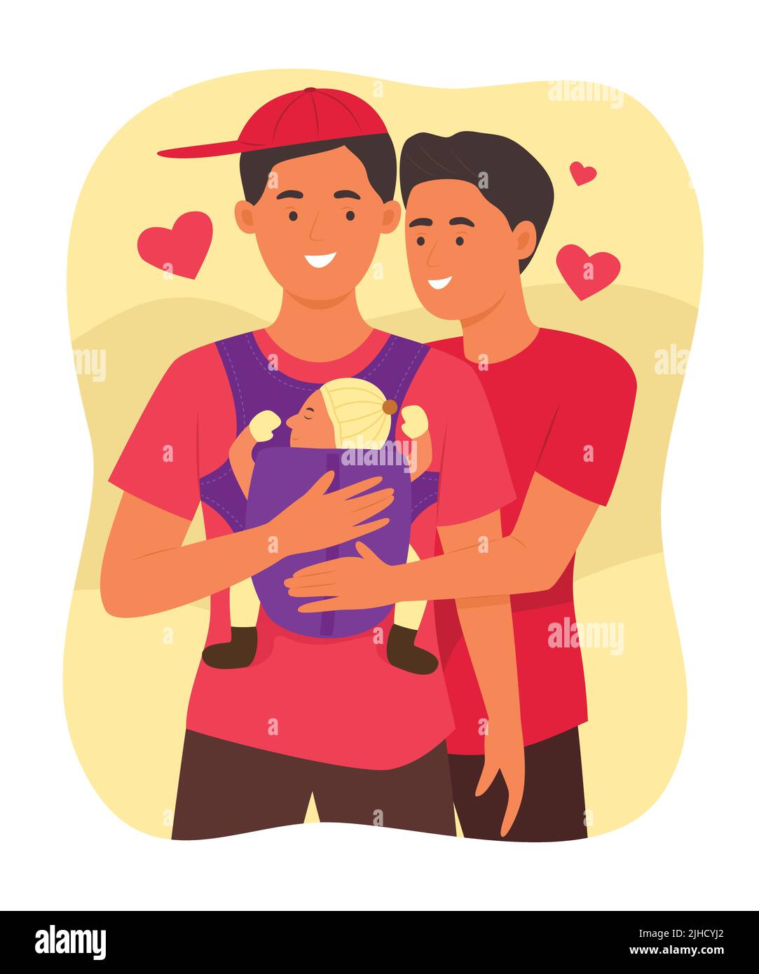 Couple de parents homosexuels prenant soin de bébé garçon. Illustration de Vecteur